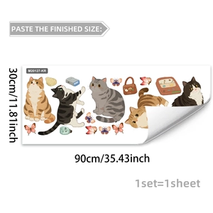 Detail view of cartoon cat and butterfly wall stickers with 30x90cm dimension specs