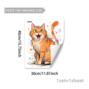 Detailed view of hand-drawn orange cat wall sticker with self-adhesive PVC backing