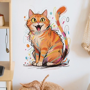 Vibrant cartoon orange cat wall sticker with colorful graffiti lines in a cozy living room