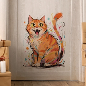Detailed view of cartoon orange cat wall sticker on a light wood door with gift boxes