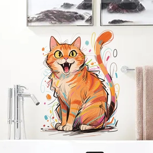 Detail of vibrant orange tabby cat wall sticker with artistic colorful patterns for home decor