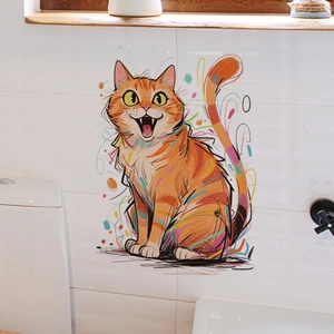Vibrant orange cartoon cat wall sticker decor for white bathroom tile decoration