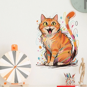 Vibrant cartoon orange cat wall sticker with artistic colorful lines for home decor