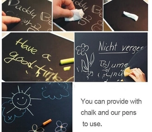 Detail showing chalk writing and easy wet-wipe cleaning on flexible black chalkboard sticker