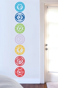Vertical seven colorful chakra wall stickers with Sanskrit symbols for yoga and meditation decor