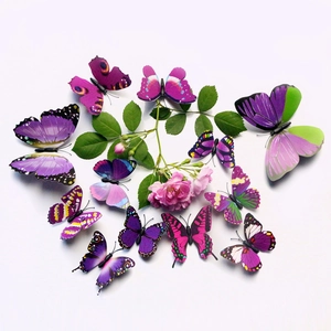 Lot de 12 stickers muraux papillons 3D éclatants en tons violets et roses avec rose