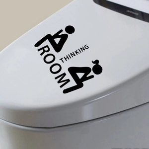 Waterproof vinyl toilet seat sticker with Thinking Room text and restroom icons