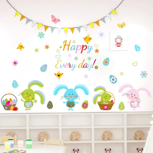 Detailansicht der bunten Cartoon-Hasen Wandsticker mit Happy Every Day Text für Kinder