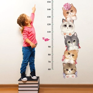 Girl measuring height with cute cartoon cats wall sticker chart from 60cm to 150cm