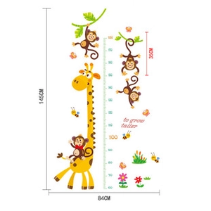 Cartoon giraffe and monkey height chart wall decal with size measurements for kids room