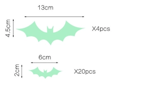 Luminous bat wall sticker sizes: large 13x4.5cm 4pcs and small 6x2cm 20pcs set