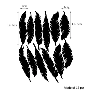 Size specifications for 12 pieces of black feather vinyl wall stickers in various dimensions
