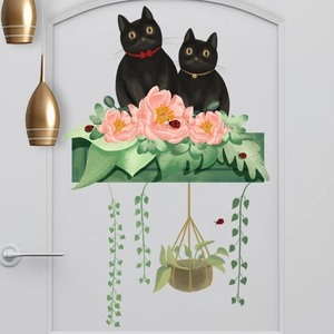 Wandsticker mit schwarzen Katzen und rosa Blumen zur Dekoration von Türen und Wohnzimmer