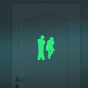 Luminous glow-in-the-dark toilet door stickers featuring male and female neon icons
