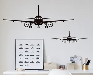 Adesivo da Parete in PVC Impermeabile Silhouette Aereo Vista Frontale Tema Aviazione Per Decorazione Soggiorno Camera