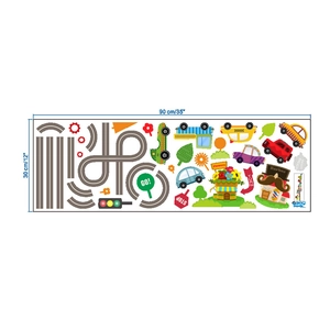 Detail view of 90x30cm PVC wall sticker set featuring cartoon cars and traffic tracks