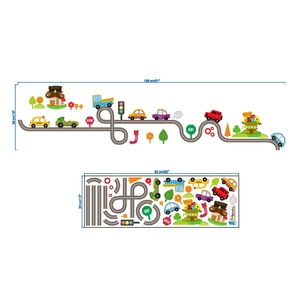 Detailed size chart for kids cartoon traffic wall stickers showing layout dimensions
