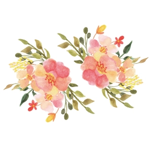 Detail of hand-painted watercolor floral stickers with pink roses and green leaves
