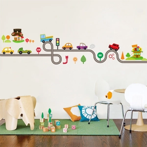 Colorful cartoon car road theme wall stickers for kids bedroom and nursery decoration