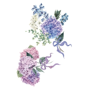 Artistic watercolor Christmas flower decals with blue hydrangea and purple ribbon accents