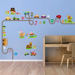 Cartoon transport theme wall stickers with colorful cars and road for kids bedroom