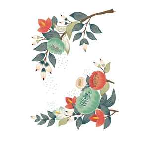 Detail of vintage floral embroidery stickers with peony motifs and green leaves