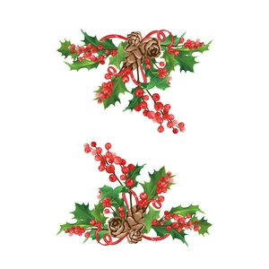 Detailed view of Christmas stickers featuring holly leaves, red berries and pine cones