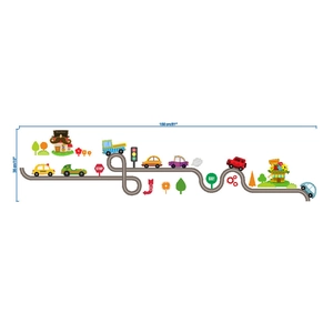 Cartoon car wall sticker set with colorful vehicles and road tracks for kids rooms