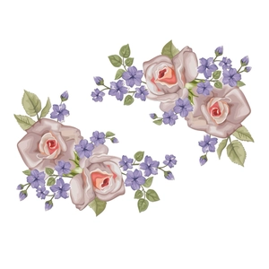 Detailed view of hand-drawn pink white roses and purple floral wall stickers on white background