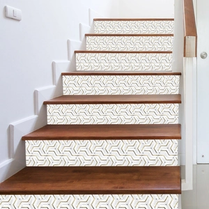 Modern 3D geometric staircase wall stickers with gold lines on white background