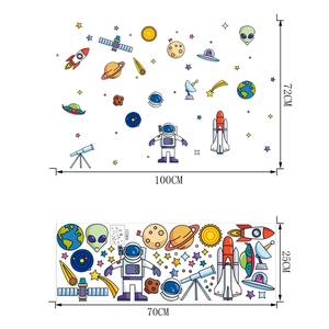 Cartoon space wall stickers with astronauts and rockets for kids room, 100x72cm