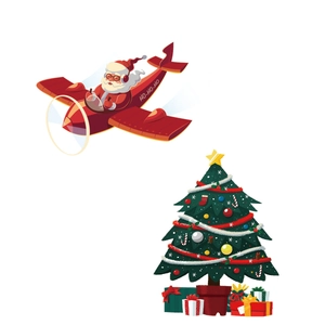 Detail of Christmas wall sticker featuring Santa flying a plane and a decorated tree