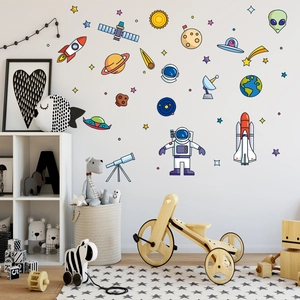 Space theme wall stickers featuring astronauts, rockets and planets for kids room decor
