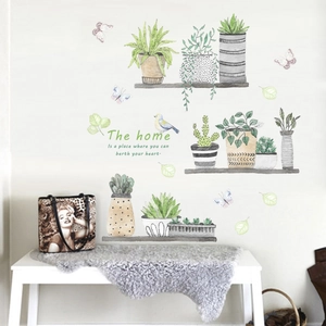 Nordic style hand-painted green plant wall decals with potted succulents and birds for home decor