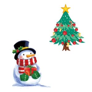 Christmas snowman with top hat and decorated holiday tree wall decal stickers