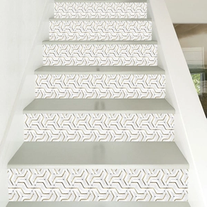 3D geometric white and gold stair riser stickers for a modern home interior DIY decor