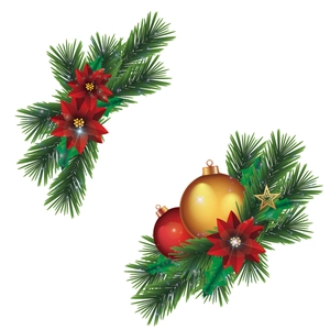 Close-up of Christmas wall sticker with pine branches, red poinsettia and ornaments