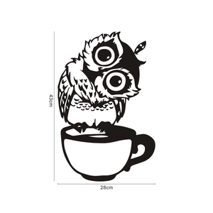 Sticker mural hibou sur tasse à café, décoration silhouette noire, 43cm x 28cm