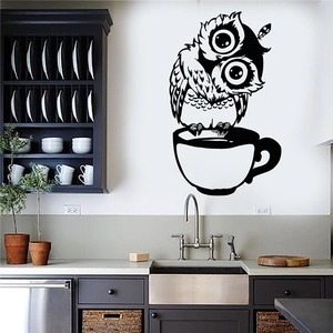 Sticker Mural Hibou Dessin Animé Tasse à Café Décoratif en PVC Amovible pour Chambre d'Enfant Chambre à Coucher Cuisine Café Maison Mur