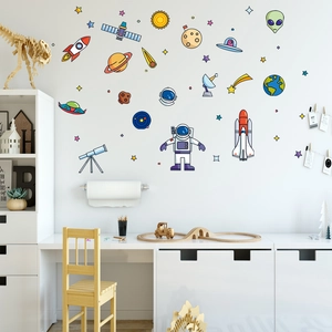Cartoon Space Astronaut Rocket Planet UFO Wall Stickers For Kids Room Nursery PVC Waterproof Wall Decals Home Decor