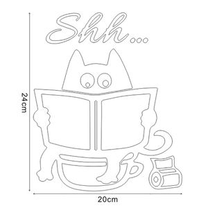 Cute cartoon cat reading newspaper bathroom sticker with Shh text, 20x24cm wall decal