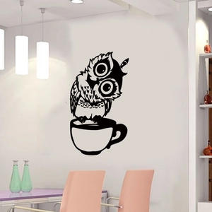 Sticker mural hibou dessin animé avec tasse à café pour chambre d enfant