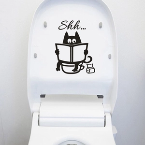 Funny black cat reading book toilet sticker with Shh... text on white lid decoration