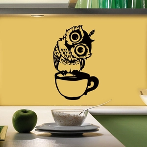 Sticker mural hibou sur tasse à café pour cuisine et chambre d'enfant