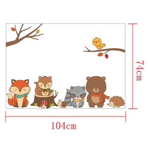 Cartoon forest animals wall decal with fox bear and squirrel, sized 104x74cm for nursery decor
