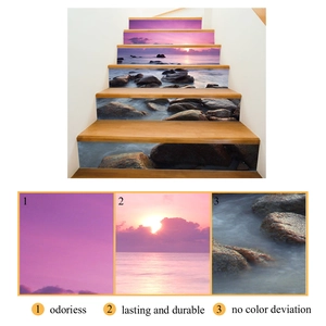Detail of 3D coastal sunset stair stickers showing durable and odorless material