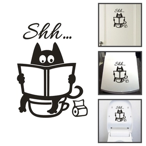 Funny Cartoon Cat Reading Newspaper Toilet Sticker PVC Waterproof Removable Shh Bathroom Decor Creative Wall Decal Home DIY Art