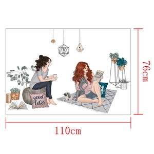 Modern hand-drawn wall sticker featuring cozy lifestyle scenes with women and pets