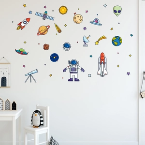 Cartoon space exploration wall decals featuring astronauts and rockets in kids room