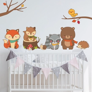 Forest animals wall stickers with fox, bear, and squirrel for nursery room wall decor